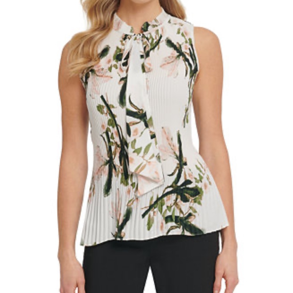 DKNY White and Pink Floral Pleated Top